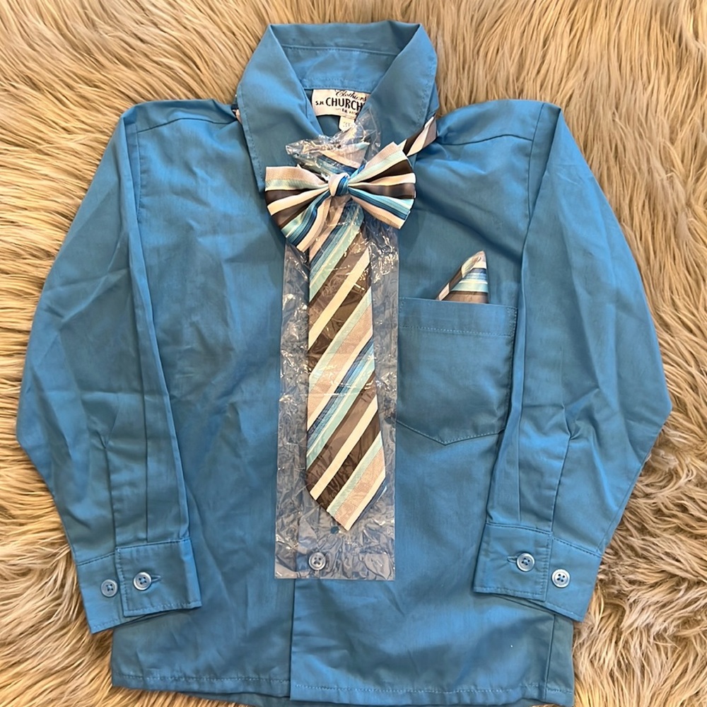 Toddler Boy azure blue 3T Button down dress shirt NWOT, with ties & handkerchief